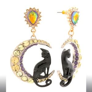 Betsey Johnson Black and Gold Cat Crescent Earrings